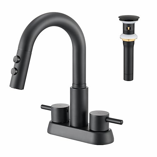 Kablle Bathroom Faucet with Pull Down Sprayer 3 Holes, Matte Black 4 inch 2 Handles Centerset Laundry Bar Basin Pull Out Bathroom Sink Faucet with Pop-Up Drain, KBL-6002B - Matte Black
