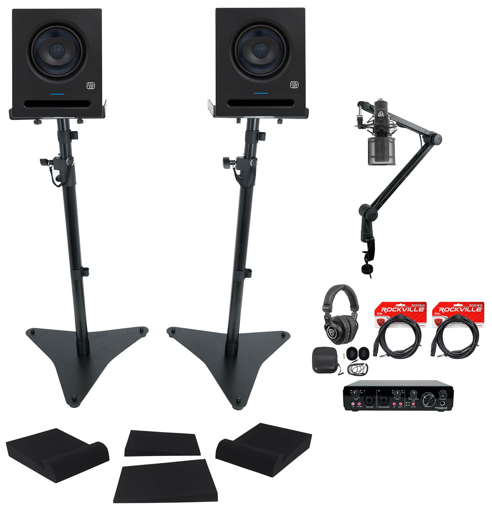 Audiosavings Bundle: (2) Presonus Eris Pro 6 Speaker Bundle with Rockville PRO-M50 Headphone+RCM PRO Microphone+(2) RCXFB10B 10' Cable+Rogan & RVSM5 Stands+RRS190S Pads+R-Track Interface (14 Item)