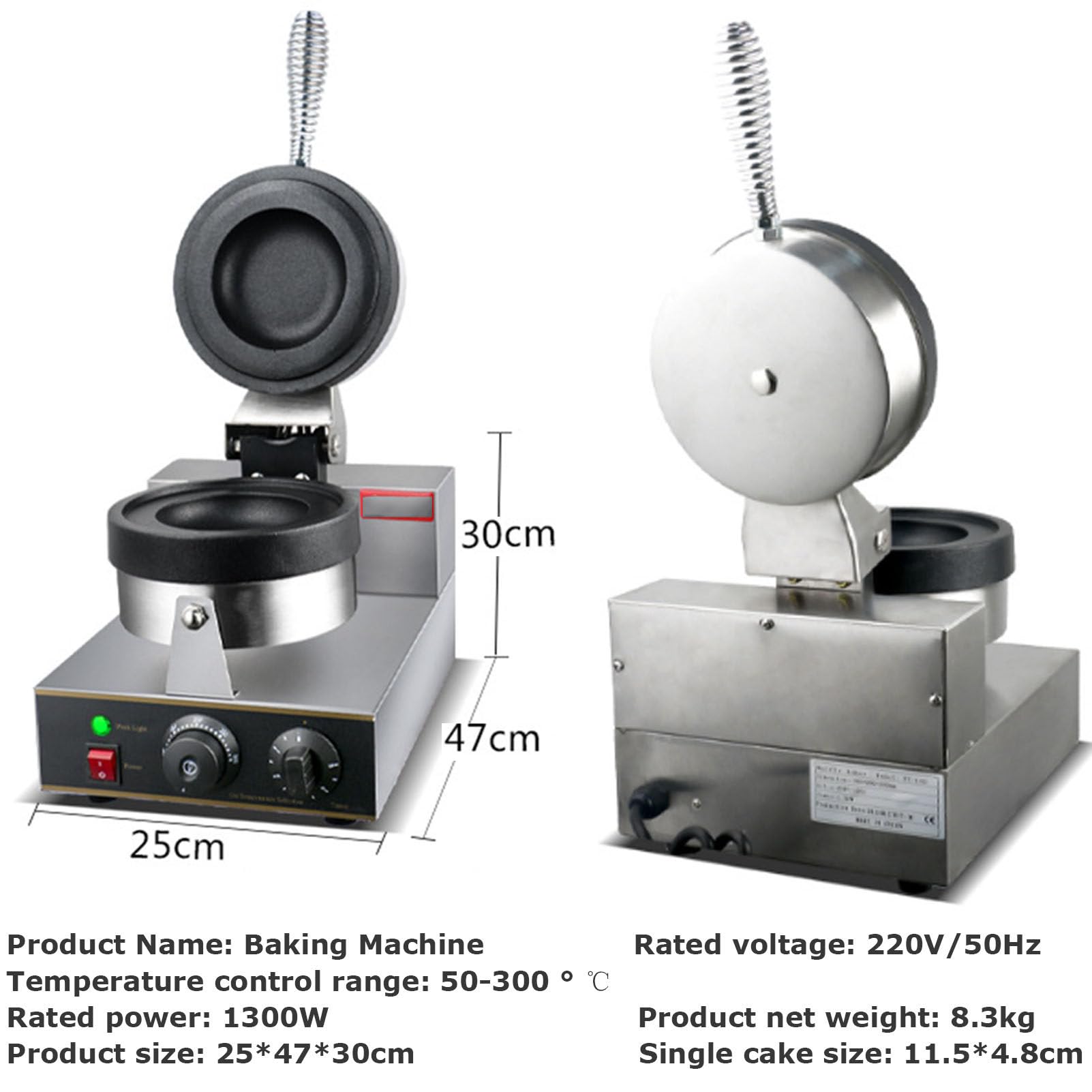 Hamburguesas Gofreras Redondas 1300W, Máquina eléctrica comercial para hacer gofres y tartas de huevo con bandeja de goteo para restaurante, control de temperatura 50-300℃ placas antiadherentes