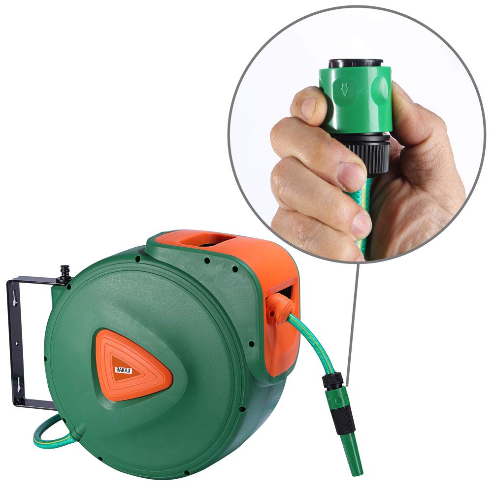 BAKAJI Carrete de manguera de jardín Manguera de agua con bloqueo automático Fijación a la pared Manguera de PVC Soporte de pared Ajustable 180 ° Giratorio (30 metros)