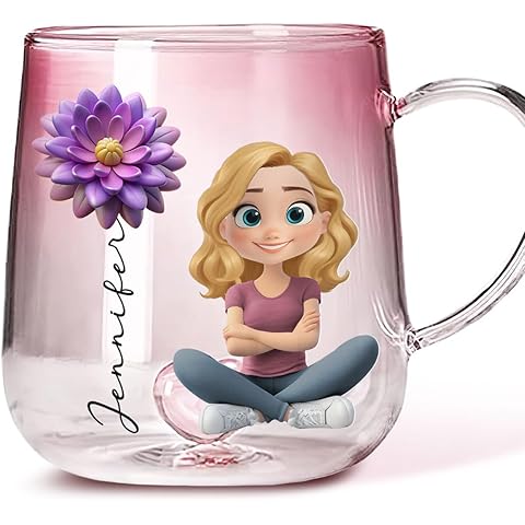Wrappiness Personalized Gift for Women - Beautiful Floral Girl Custom Pink Gradient Glass Mug, Coffee Cup for Women, Show Off Birth Month Pride and Style
