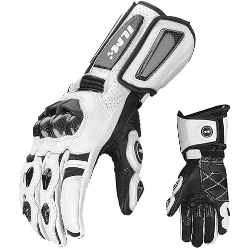 ILM Air Flow Leather Motorcycle Gloves for Men and Women Model-GRC01L (XXL, White-Long)