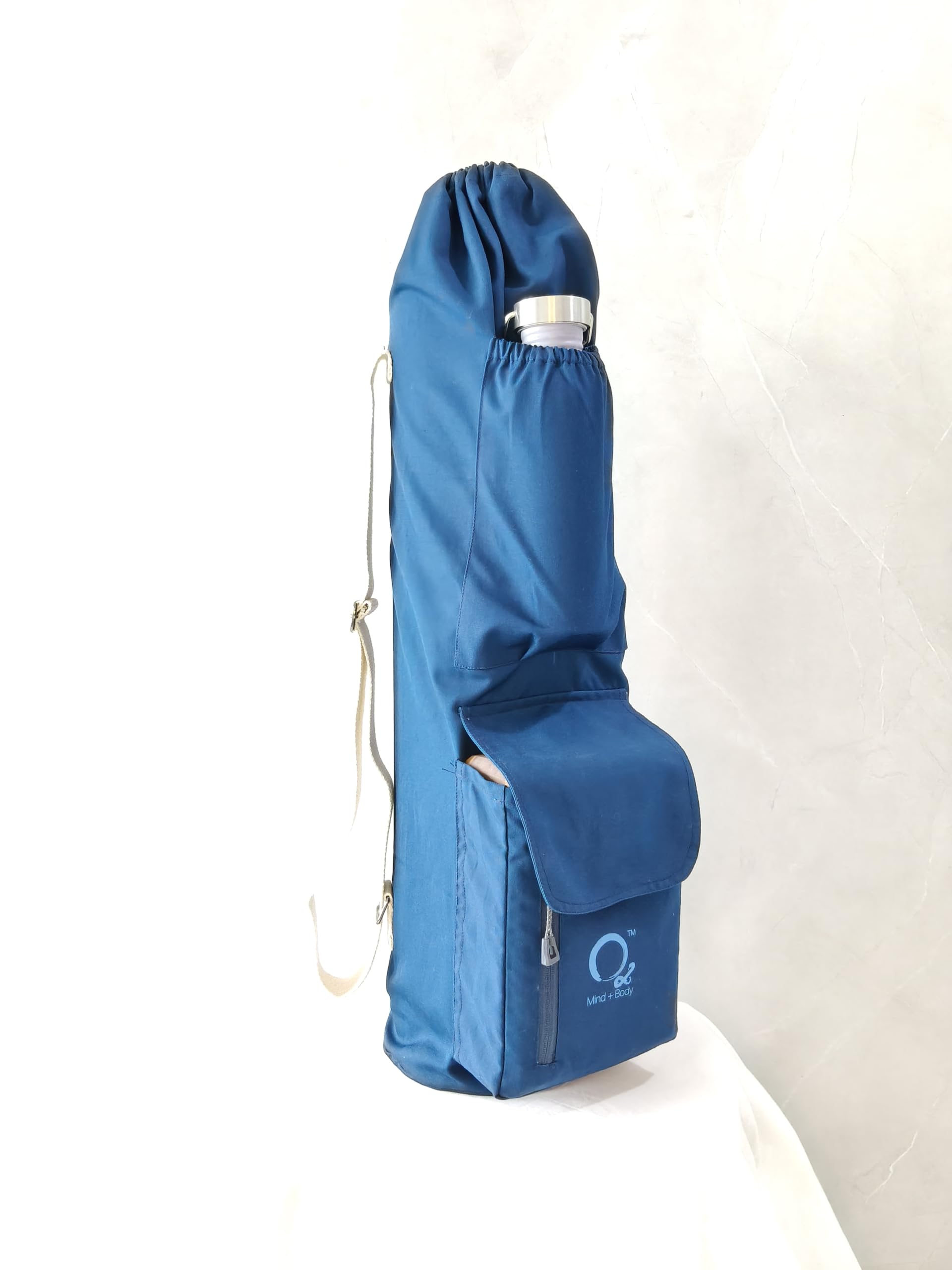 O2 Premium Yoga Mat Bag, 3 Pocket Block Style | Space for Yoga Block, Bottle, Zipper Pocket for valuables, Adjustable Double Straps, Oxford Blue Canvas
