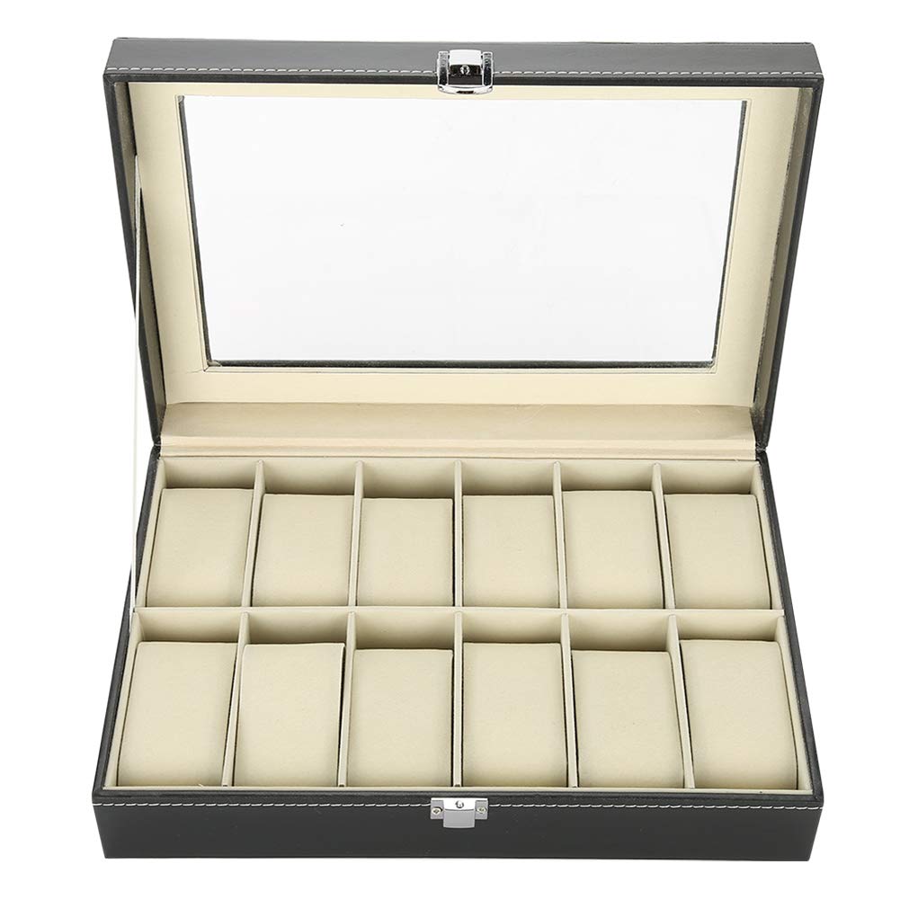 Organizzatore di scatole di immagazzinaggio per vetrine per orologi in pelle PU con 12 griglie per custodia per orologi con copertura in vetro con chiusura a chiave da viag