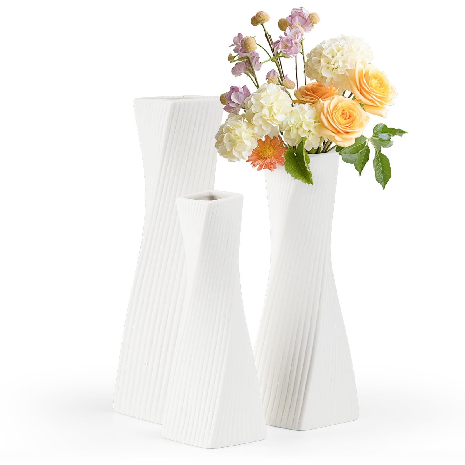 FoiiLiio Juego de 3 Jarrón Cuadrado de Cerámica - Jarrones Decorativos Modernos, Jarrones Minimalistas de Hierba de la Pampa en Estilo Boho, Flores Frescas para Flores Secas Dormitorio Hall (Blanco)