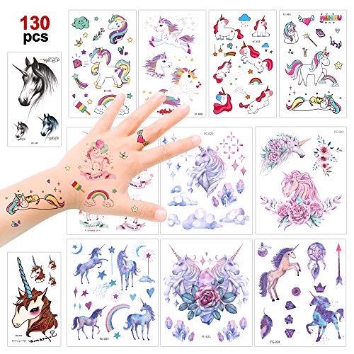 Konsait Unicorn Temporary Tattoos for Girls (130Assorted Glitter Tattoo), Rainbow Unicorn Party Supplies, Great Kids Birthday Party Bag Filler, Girls Party Favors Goody Bag Stuffers Carnival Rewards