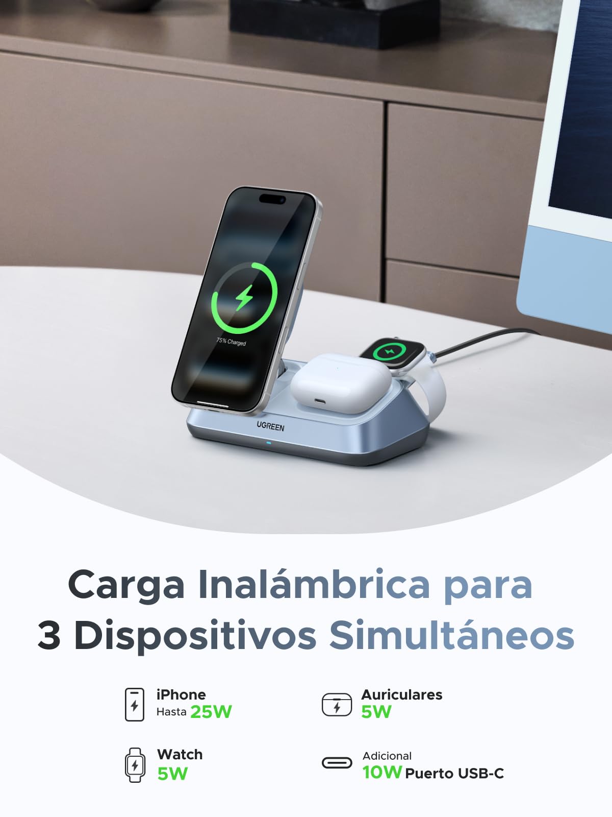 UGREEN MagFlow 3 en 1 Cargador Inalámbrico iPhone Qi2 25W Magsafe | Compatible con iPhone 17/16/15/14/13/12 Air Plus Pro Max AirPods 4/3/Pro 3/2/1 iWatch Estación de Carga Rápida