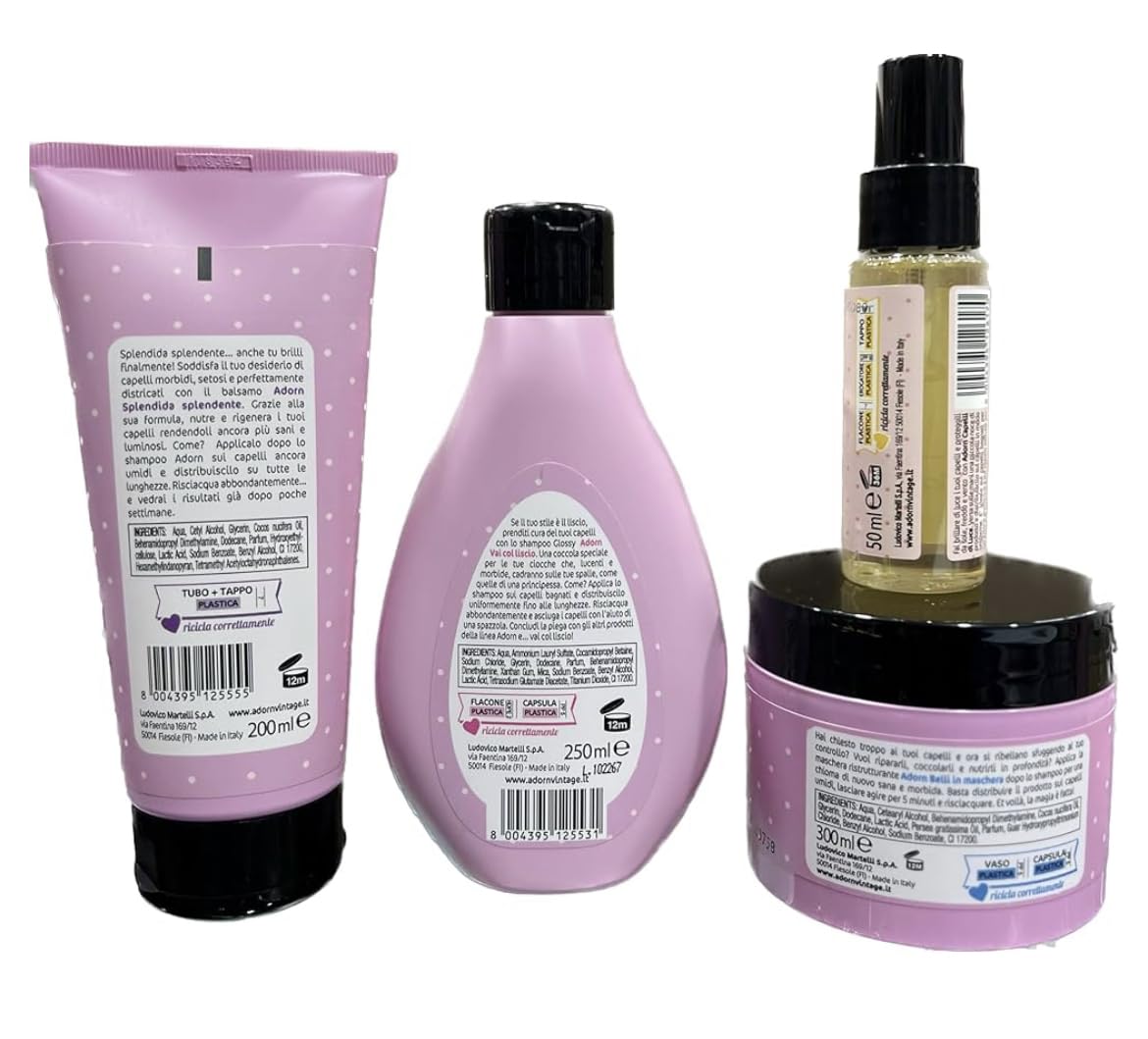 Almaprof shop ADORN set COMPLETE capelli LISCI SHAMPOO GLOSSY LISCI + BALSAMO NUTRIENTE+ MASCHERA RISTRUTTURANTE +CRISTALLI LIQUIDI per un liscio perfetto anti crespo