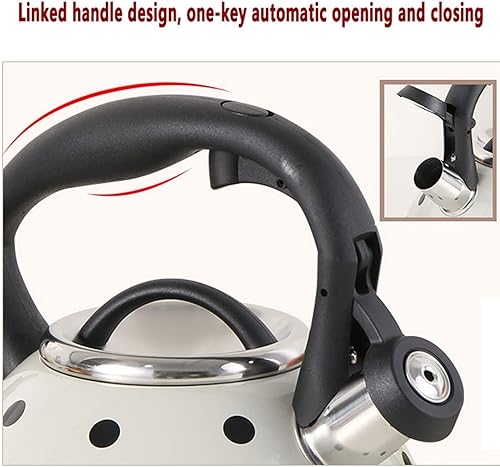 Miniatura 4 de Hervidor de té, tetera de lunares blancos y negros, bonita tetera silbante para estufa, tetera de acero inoxidable con mango ergonómico de agarre
