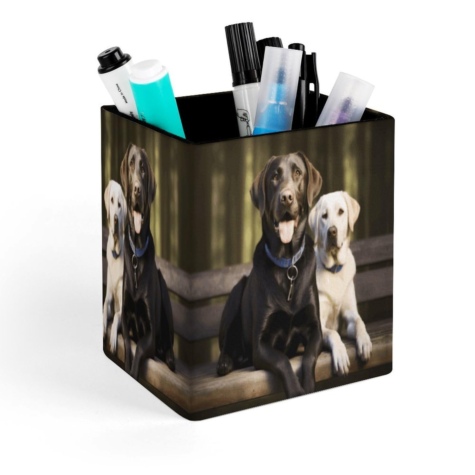 VstaDank Labrador Pen Holder Square Pencil Holder Leather Pencil Cup Pen Organizer Makeup Brush Holders Pen Cups Desktop Stationery Organizer for Home Office Desk Organizers