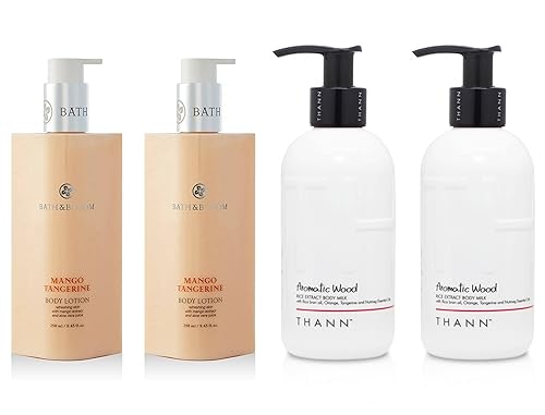 BATH and BLOOM Juego de loción corporal de mango mandarina y THANN de madera aromática.