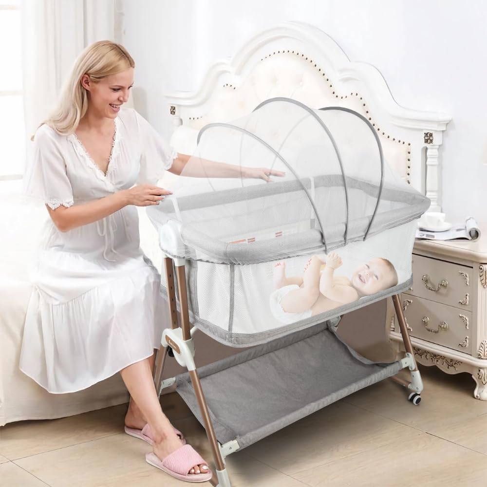 Kedia Babywiege mit Moskitonetz, Babybett & Reisebett mit Rollen, Babybetten mit Höhenverstellung, Babybetten für Ko-Schlafen (90 * 60 * 90-115cm)