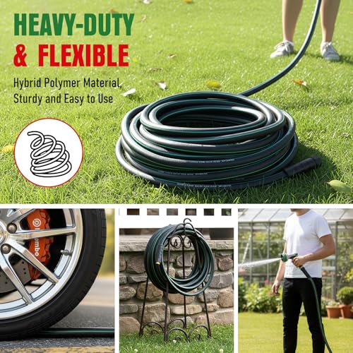 Image of Garden Hose 100 ft x 5 /8 inch with Nozzle, Water Hose Heavy Duty Flexible, Lightweight Kink-less Hybrid Hose with Swivel Handle, Male to Female Fittings (Green, 100FT)