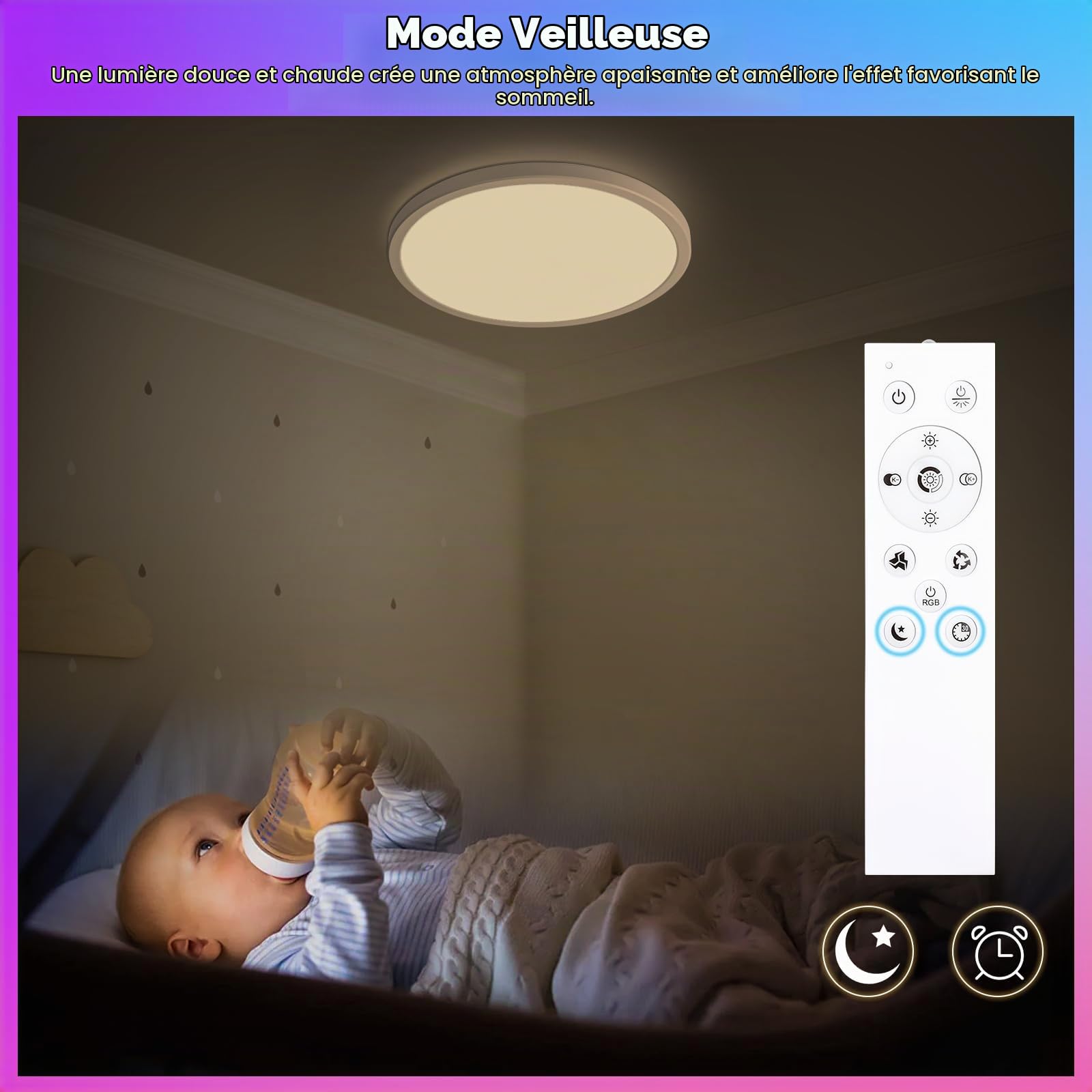 Oraymin Plafonnier LED à intensité variable avec télécommande, 24W plafonnier RGB changement de couleur rond, 3000K-6500K lampe éclairage de plafond pour chambre cuisine salon corridor balcon Ø30CM