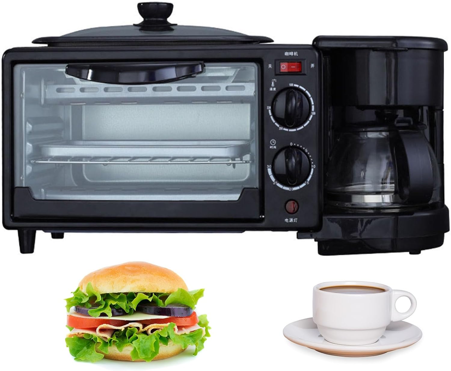 3 in 1 Breakfast Maker Station, Multifunction Breakfast Machine with 9L Toaster Electric Oven, 600ML Coffee Maker, Non-stick Frying Pan, Egg Sandwich Maker (Black)