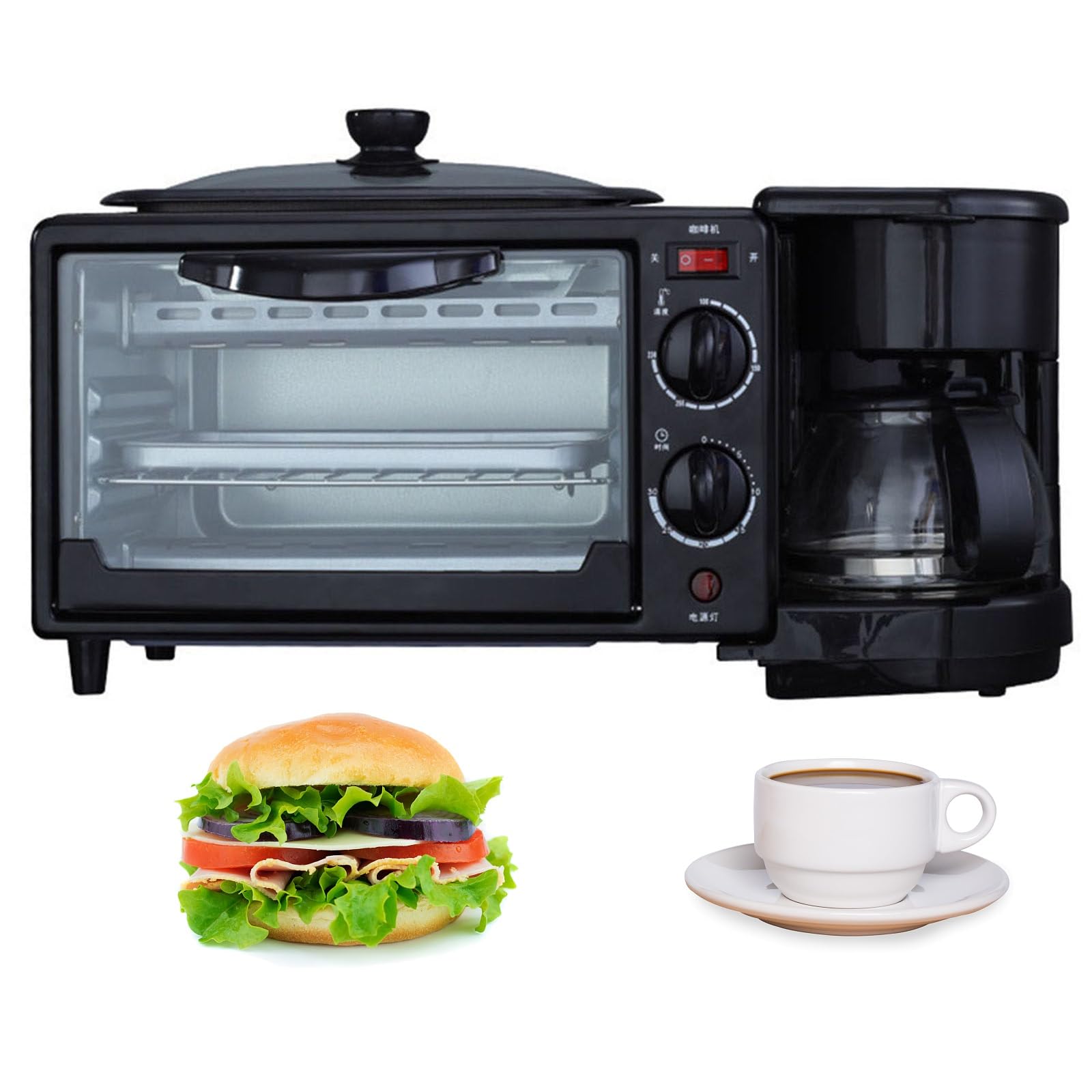 Estación for hacer desayuno 3 en 1, máquina de desayuno multifunción con horno eléctrico tostador de 9 litros, cafetera de 600 ml, sartén antiadherente, sandwichera de huevo, control de temperatura (