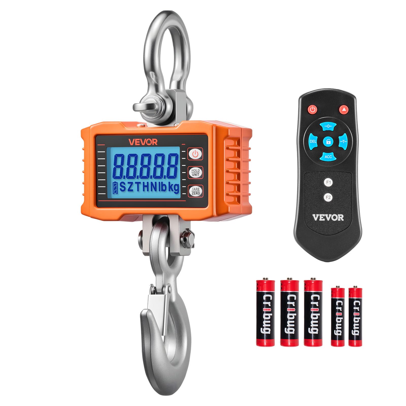 VEVOR Kranwaage 2000 kg, Digitale Hängewaage, Industriewaage mit Gehäuse aus Aluminiumguss & LCD-Display, 500-g-Teilung & 3-Stufiger Schalter, Fernbedienung, Hakenwaage für Garage & Fabrik