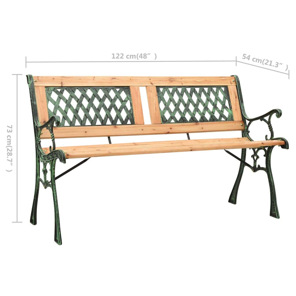 Banco de jardín de 122 cm de hierro fundido y madera maciza de abeto con respaldo decorativo de PVC en patrón de rejilla, para terraza y porche, estable y duradero