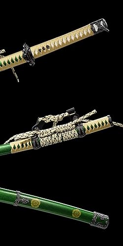 Miniatura 9 de HERO SWORD Espada japonesa Oda Nobunaga Tachi de acero de Damasco con patrón de piedra de hoja samurái, espada completa de oro verde muy afilado,
