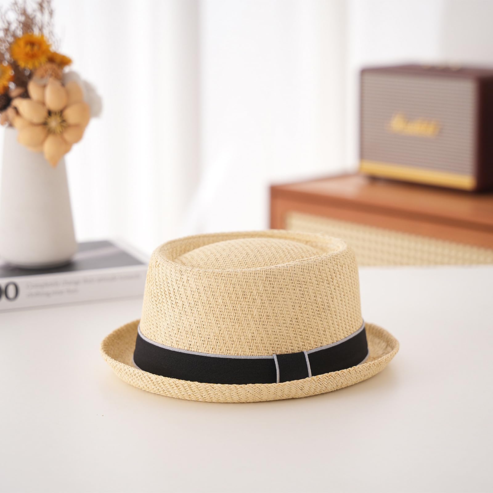 HEYANN Sombrero de paja de Pork Pie de Cerdo, Sombrero Fedora de Pie de Cerdo, 58 cm, Sombrero de Verano para Hombres y Mujeres, Sombrero Clásico