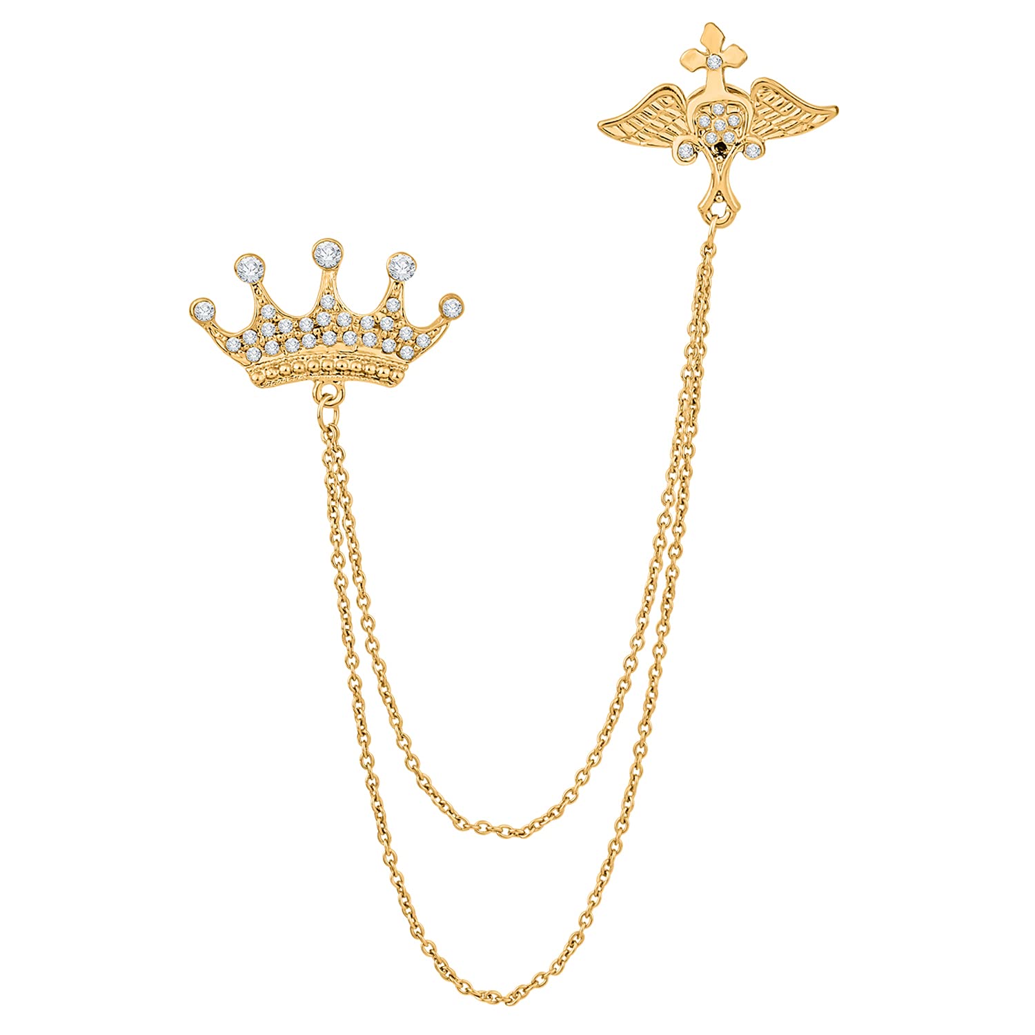 Gold Plated Double Chain Crown Wing Brooch with Crystal for Men (BP1101022GC)