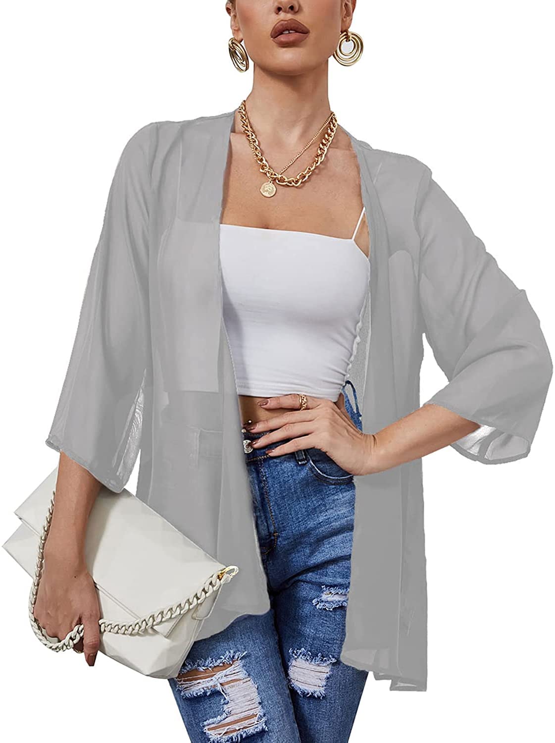 HeyninoWomens Sheer Chiffon Kimono Cover ups Open Front Lightweight Cardigans Shawl Tops