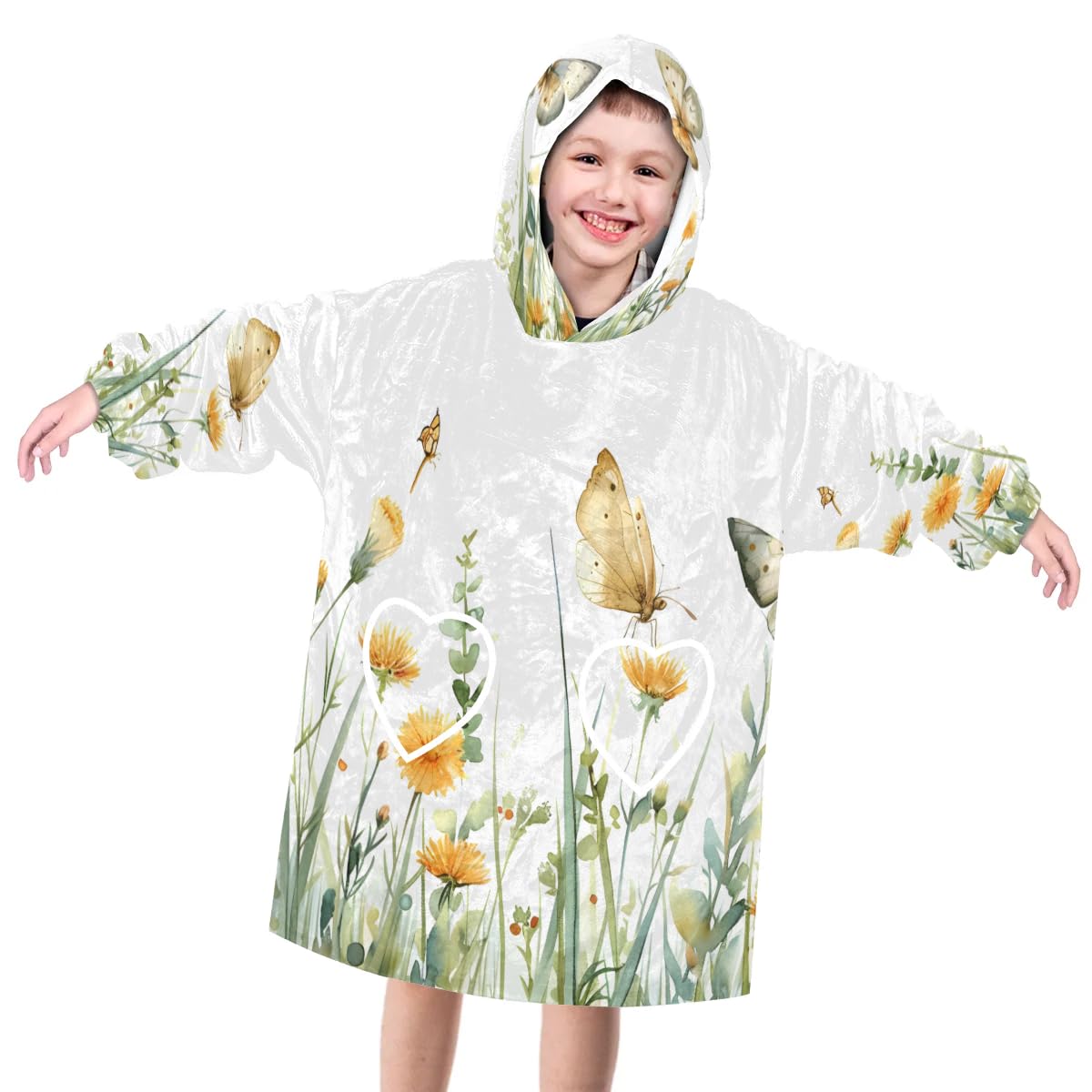 Wearable Blanket Hoodie for Kids, Arctic butterfly Fleece Sweatshirt Blanket Oversized Blanket Sweatshirt with Pocket Flannel Warm Hooded Blanket 6-10 Year Old Girl Boy Gift, One Size