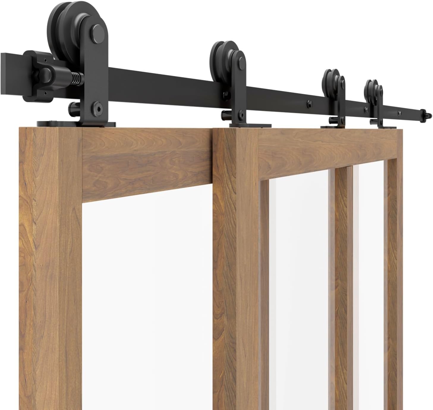 CCJH 6FT Bypass Sliding Barn Door Hardware Kit for 2 Doors, Single Track System Rail Slide Smoothly Quietly, Top Mount Hanger