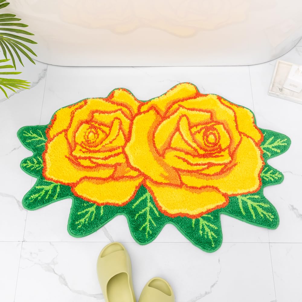 Yellow Rose Bathroom Rugs Cute Flower Shaped Bath Mat Green Leaf Decor Bath Rug Non Slip Floor Door Carpet Microfiber Bathmat Absorbent Washable