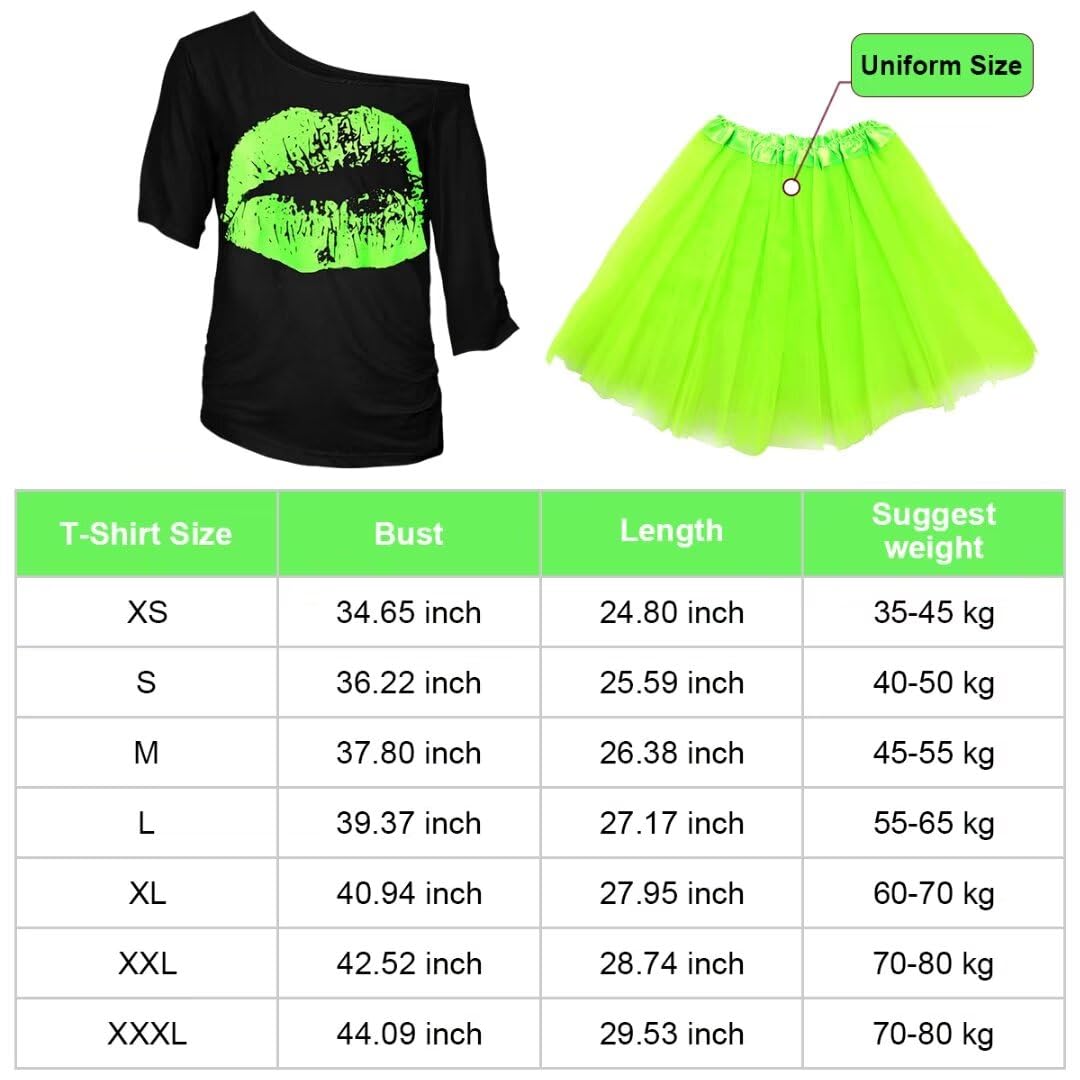 WILDPARTY 80s Fancy Dress For Women, Lip Print T-shirt, Tutu Skirt, Leg Warmers, Necklace, Fishnet Gloves, Earrings, Neon Costumes Accessories for Retro Theme Party Cosplay - Image 2
