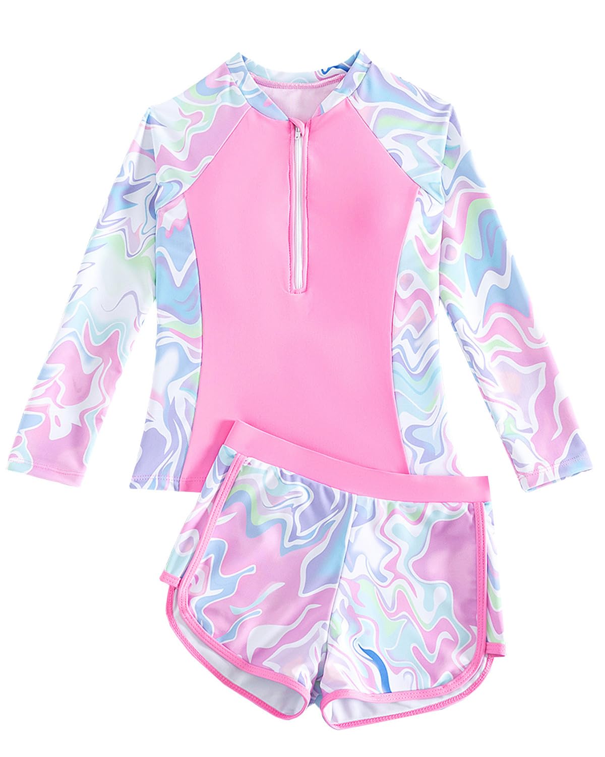 FishingDino Costume da bagno da bambina a due pezzi con protezione UV, costume da bagno a maniche lunghe con cerniera e pantaloncini elastici per 8-13 anni