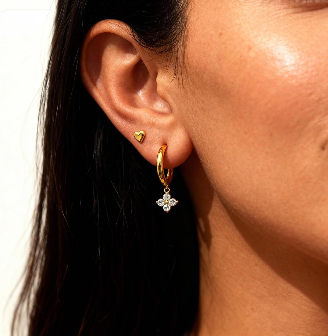 Solid 925 Sterling Silver Earrings Small 18K Gold Plated Stud Earrings for Women Trendy Hypoallergenic Cute Earrings Star Moon Sun Heart Cross Dots Pearl CZ Diamond Earrings Jewelry Christmas Gifts - Image 4