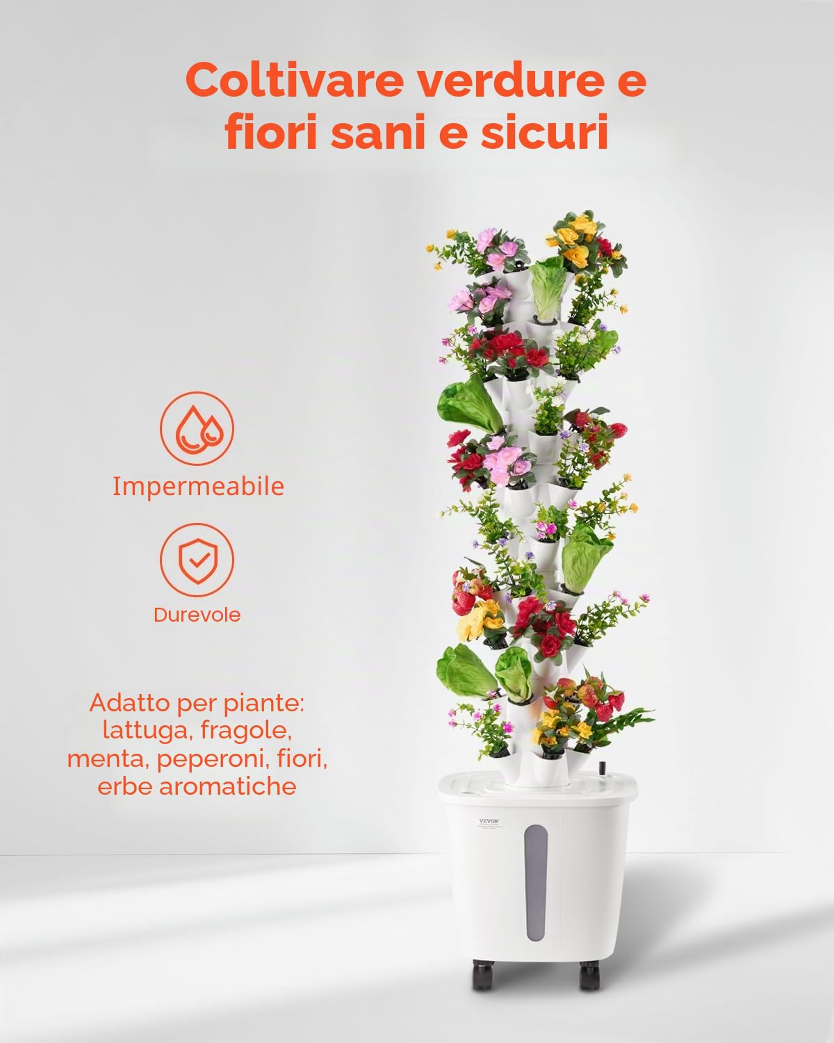 VEVOR Sistema di Coltivazione Idroponica, 50 Baccelli Verticali a 10 Livelli, Torre Idroponica Mobile con Pompa dell'Acqua e Ruote, Germinazione Interno, per Erbe Aromatiche Frutta Verdura