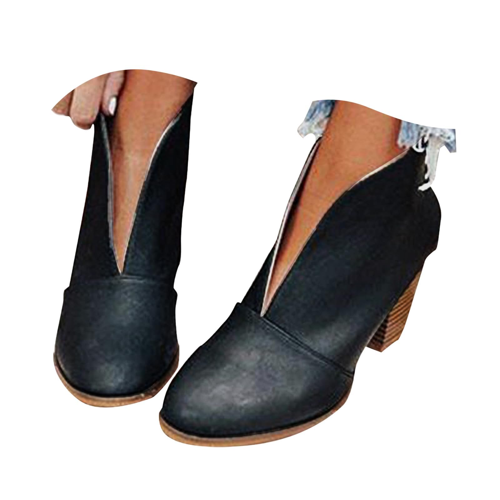 Ankle Boots For Women Casual Cut Out Slip On Low Heel Short Boots Chunky Stacked Womens V Cutout