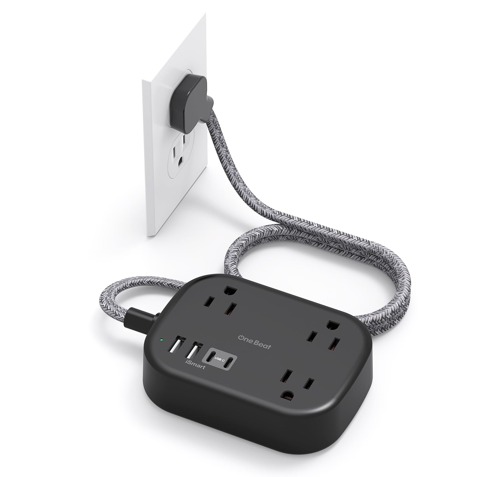 One Beat Cruise Ship Essentials,Travel Power Strip with USB C,Flat Plug Extension Cord with 3 Outlets 4 USB Ports(2 USB C),5 ft Desk Wall Outlet Extender,Non Surge Protector for Cruise,Dorm, Black