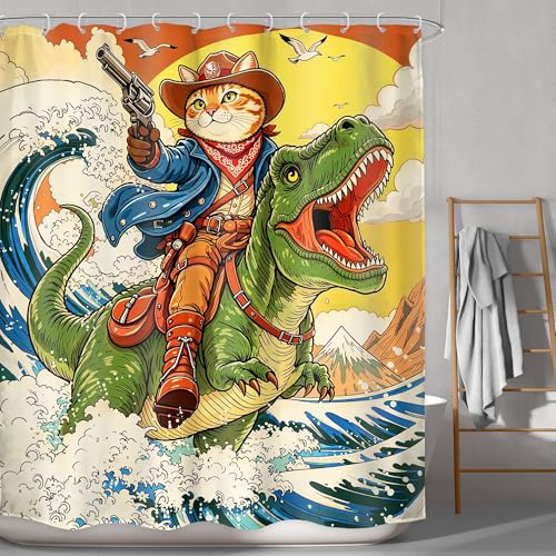 Image of Kids Funny Cat Riding Dinosaur Cool Japanese Bathroom Shower Curtain Set