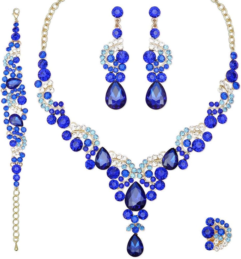 Elegant Crystal Necklace Earrings Bracelet Ring Bridal Wedding Party Costume Jewelry Sets for Brides Women
