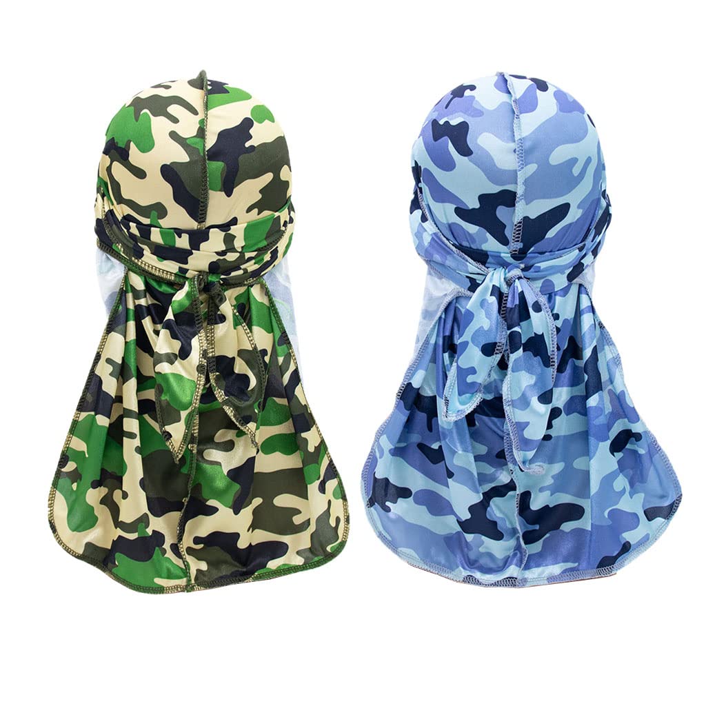 Camelliass Men's Green + Blue 2Pcs Camouflage Silky Durags For Wo, Long Tail Durag 360 Waves Headwraps Cap Pirate Bandanas Turban (Green + Blue)