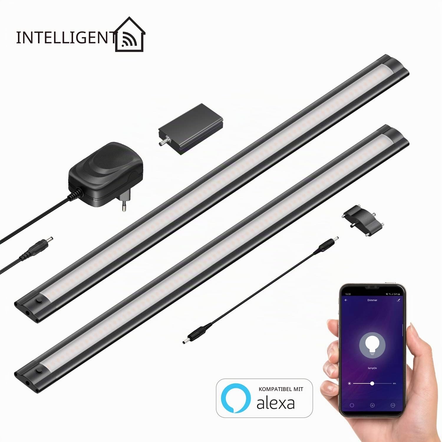 ledscom.de Smarte LED Unterbau-Leuchte SIRIS schwarz matt mit WLAN-Controller, flach, Smart-Home, Alexa-fähig (Echo) je 50cm, je 655lm, weiß, 2er Set, dimmbar