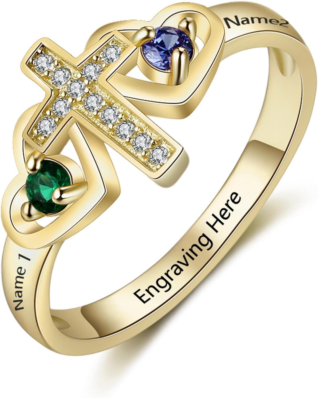 Personalized Birthstone Rings for Mother, 10K 14K 18K Solid Gold Custom Name Rings with 2 Birthstone, Mother Ring Gifts for Women Wife Girlfriend Size 5-12