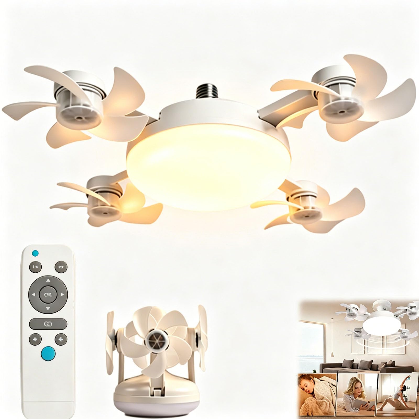Remote-Controlled LED Ceiling Fan Light, E27 Socket 2-in-1 Silent Fan, 19.69" 4-Head, Foldable Portable Silent Operation, Bright Lighting for Bedroom, Living Room, Kitchen (4 Heads)