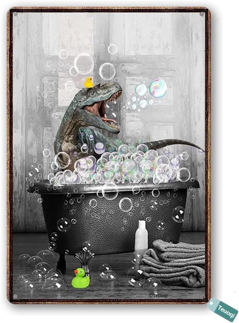 Stampa Su Tela Per Bagno – Dinosauro Nella Vasca – Quadro Moderno Bianco E Nero, 40,6 X 30,5 Cm
