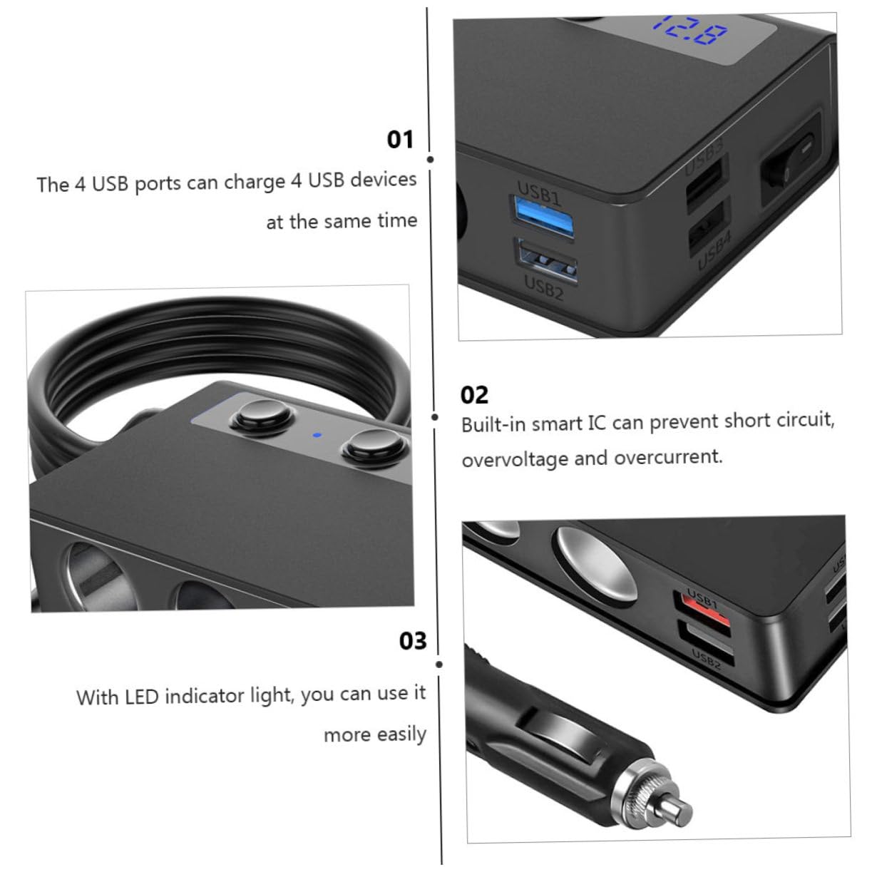 Angoily Caricabatterie Auto e Adattatore Accendisigari 180w Max, 4 Porte Usb, Monitoraggio Tensione Batteria, Nero, per Auto e Telefoni