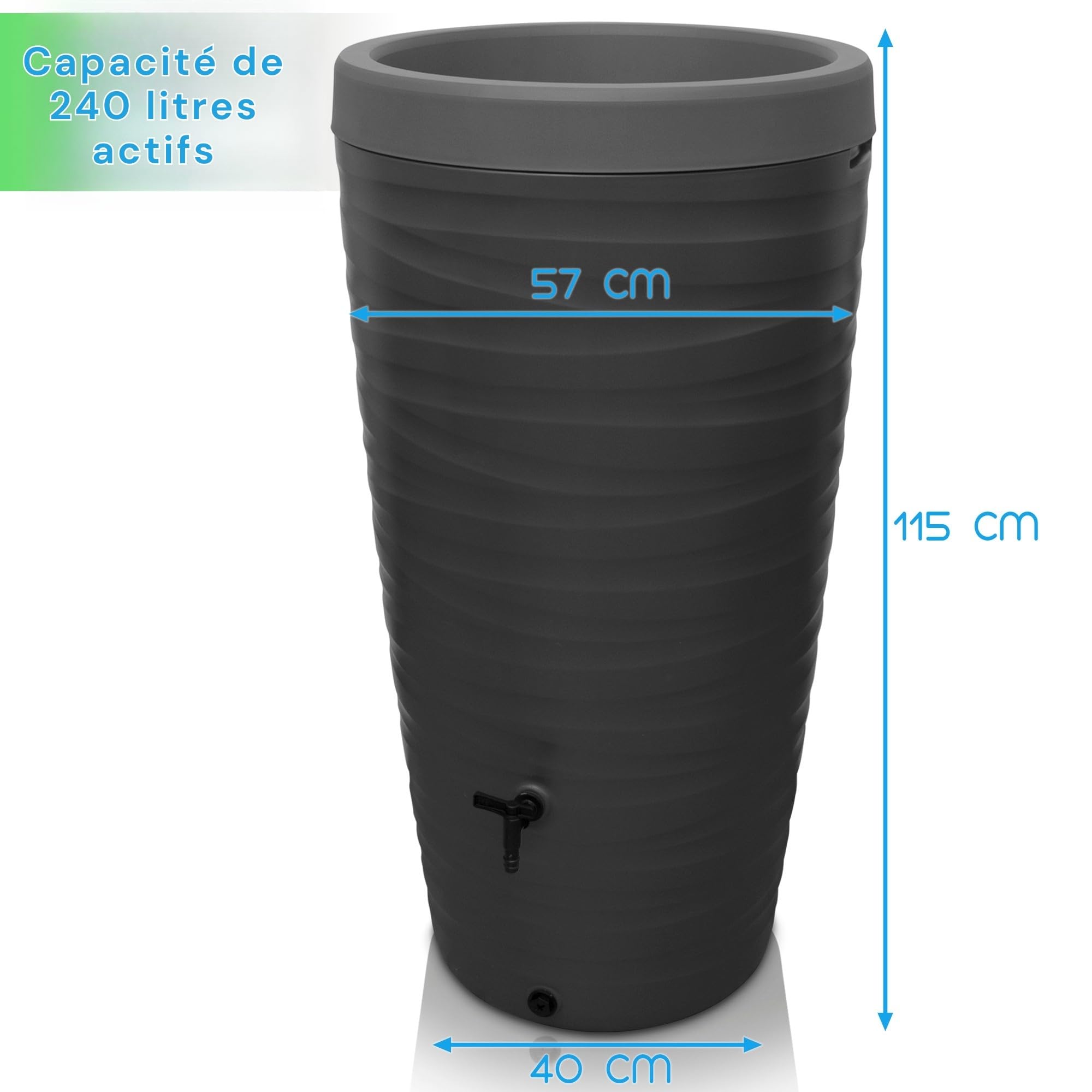 YourCasa Récupérateur d'eau de Pluie 240 L, Design Wave, Gris | Cuve de récupération eau de pluie avec jardinière intégrée, robinet et raccords 3/4" — fabriquée en Europe