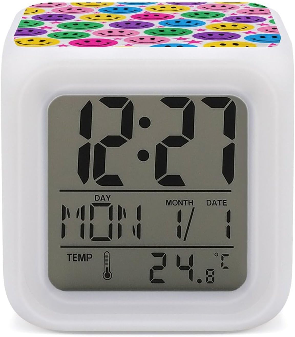 Colorful Happy Face Pattern 7 Color Changing Digital Alarm Clock Cube LED Night Light with Auto-Color Cycle Desk Clock with Temperature Display Snooze Battery-Powered Dimmable Lamp for Bedroom Decor
