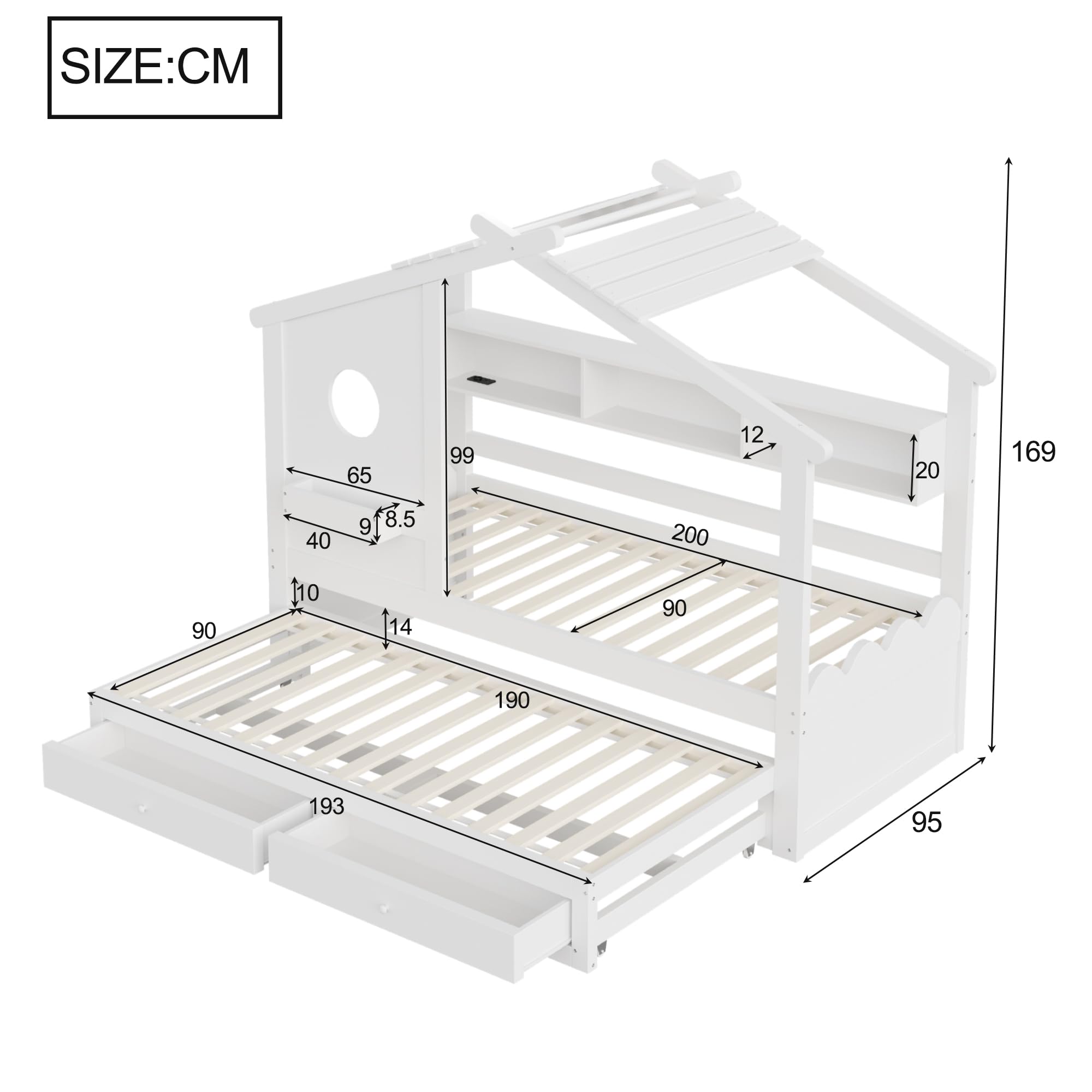 Letto Casetta per Bambini Ragazzi 90x200 con letto estraibile 90x190, Letto a Forma di Casa con LED e Porte di ricarica USB, 2 Cassetti e Ripiani, Struttura letto in Legno Massiccio(Senza Materasso)