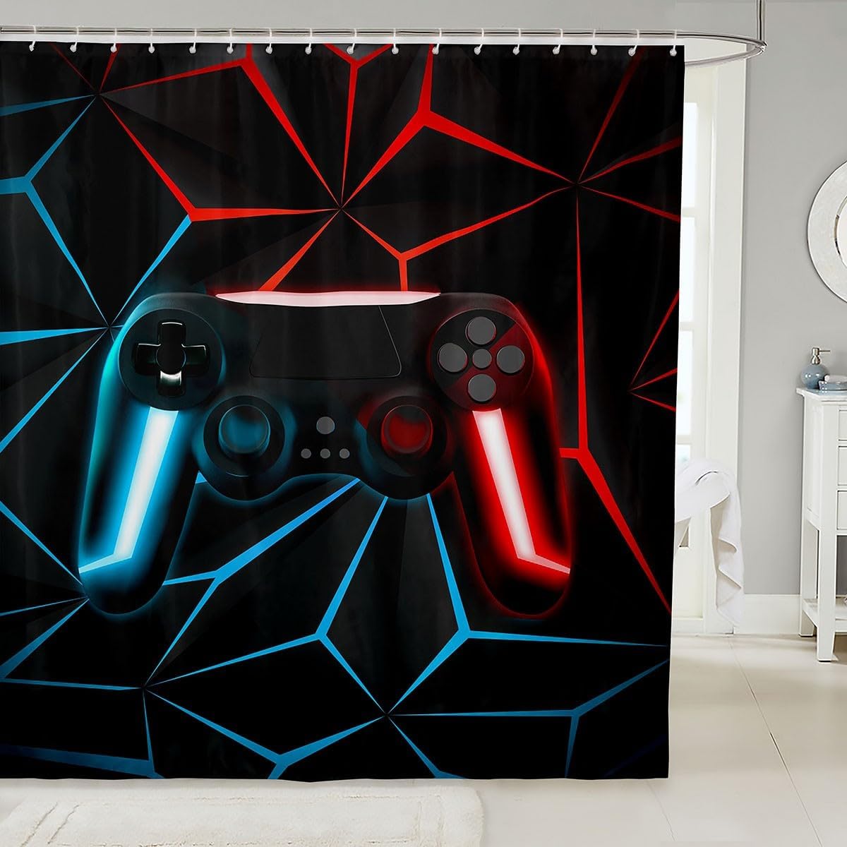Erosebridal Gaming Bathroom Shower Curtain Sets Gamer Console Shower Curtain for Boys Girls Kids Teens Gaming Gamepad Fabric Shower Curtain, Gamer Bathroom Accessories (Blue Red, 72" Wx78 L)