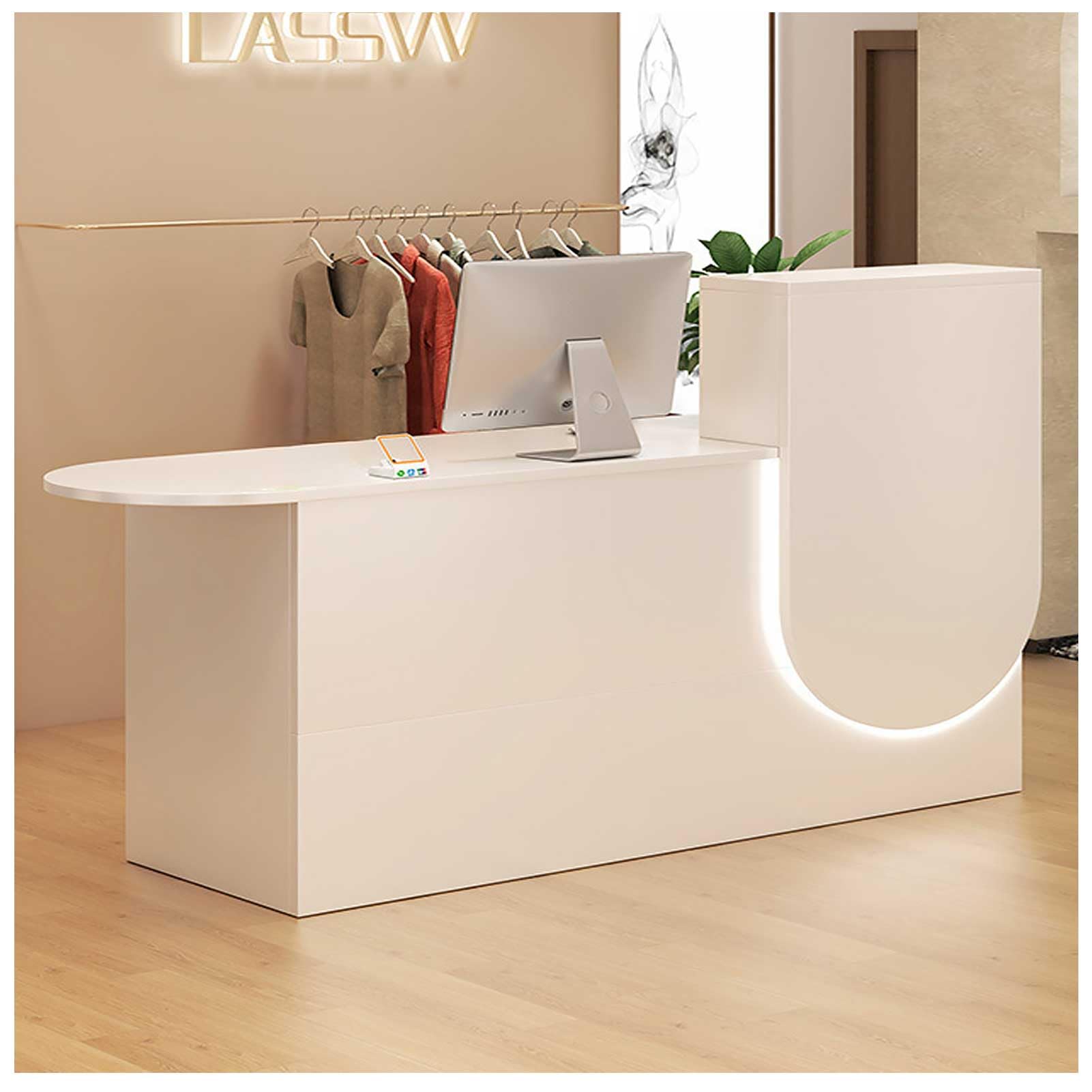 Reception Desk with Counter, Modern Front Desk with LED Lighting, Small Reception Room Table with Lockable Storage Drawer, Checkout Counter for Beauty Salon, Lobby,White 2,55”x18”x39”