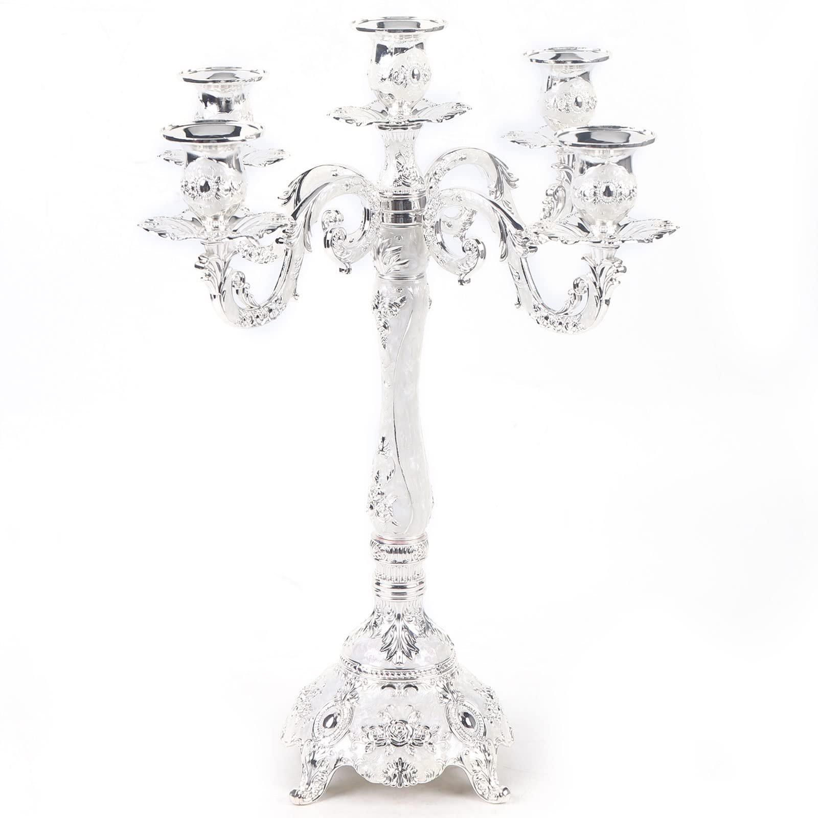 Candelabra,5 Arms Metal Vintage Candle Stick Stand 32x38cm Table Centrepiece,for Wedding Reception Birthday Holiday Chrismas Fireplace Decoration (Silvery White)