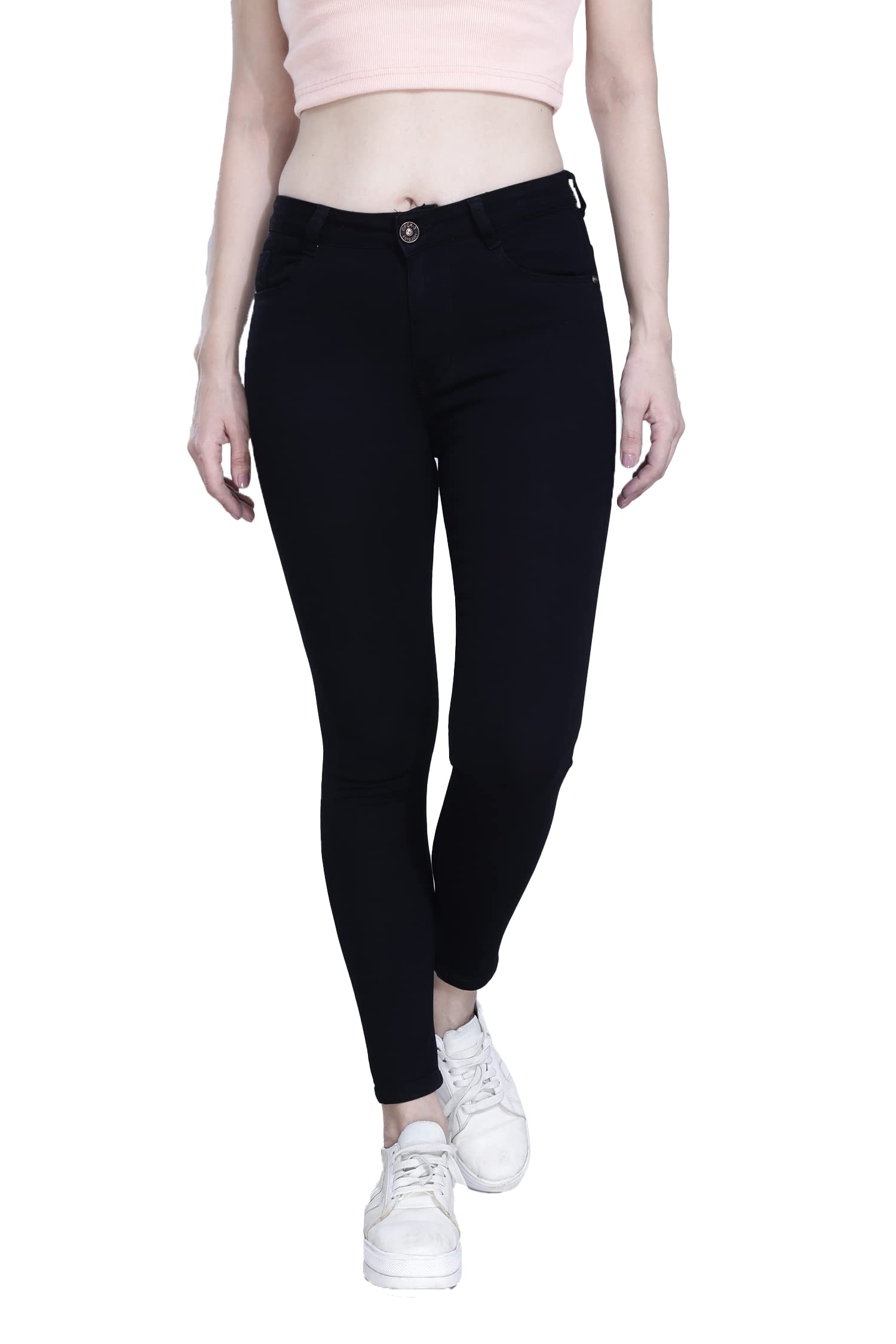 FCK-3Hosiery Stretchable Denim Material High Rise Single Button Ankle Length Jeans for Women, Black, 36